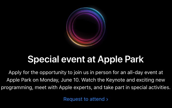من iPhoneIslam.com، رسم ترويجي لمؤتمر WWDC 2024 في Apple Park مع تصميم حلقة ملونة ودعوة لتقديم طلب الحضور.