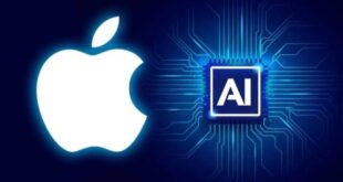 من iPhoneIslam.com، شعار Apple بجوار شريحة كمبيوتر تحمل اسم "AI"، متصلة بواسطة آثار دوائر على خلفية زرقاء، تعرض ميزات ذكاء اصطناعي لنظام iOS 18.