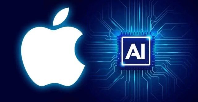 من iPhoneIslam.com، شعار Apple بجوار شريحة كمبيوتر تحمل اسم "AI"، متصلة بواسطة آثار دوائر على خلفية زرقاء، تعرض ميزات ذكاء اصطناعي لنظام iOS 18.