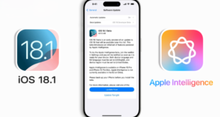 من iPhoneIslam.com، شاشة هاتف ذكي تعرض تفاصيل تحديث برنامج iOS 18.1 Beta، مع شعاري iOS 18.1 وذكاء أبل على الجوانب.