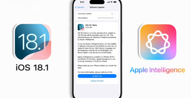 من iPhoneIslam.com، شاشة هاتف ذكي تعرض تفاصيل تحديث برنامج iOS 18.1 Beta، مع شعاري iOS 18.1 وذكاء أبل على الجوانب.