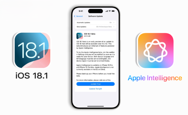 من iPhoneIslam.com، شاشة هاتف ذكي تعرض تفاصيل تحديث برنامج iOS 18.1 Beta، مع شعاري iOS 18.1 وذكاء أبل على الجوانب.