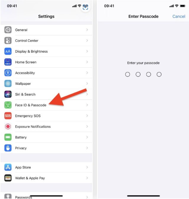 من iPhoneIslam.com، شاشة هاتف تعرض إعدادات iOS مع سهم يشير إلى "Face ID & Passcode" على اليسار. على اليمين، شاشة تطالبك بإدخال رمز المرور. وهذا يساعد على منع اللصوص من الوصول إلى جهازك.