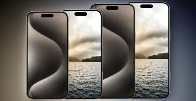 من iPhoneIslam.com، ثلاثة هواتف ذكية تعرض صورة متواصلة لمناظر بحرية غائمة عبر شاشاتها.