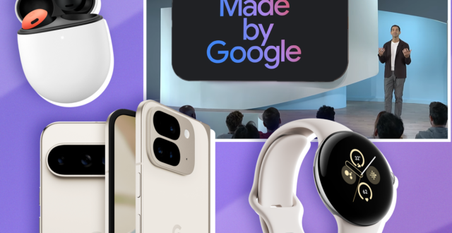 من iPhoneIslam.com، حدث تقديمي لـ Google 2024 يضم منتجات تحمل علامة Google التجارية، بما في ذلك سماعات الأذن والهواتف الذكية والساعة الذكية. تعرض الخلفية عبارة "صنع بواسطة Google" مع شخص يقدم العرض على خشبة المسرح.