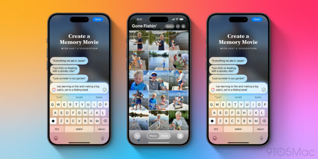 من iPhoneIslam.com، تعرض ثلاثة هواتف ذكية واجهة ألبوم صور بعنوان "Gone Fishin'!" وحقول إدخال النص لإنشاء فيلم للذاكرة، على خلفية متدرجة، تعرض التصميم الأنيق وذكاء آبل الذي يجعل التفاعل سهلاً وسريعاً. 