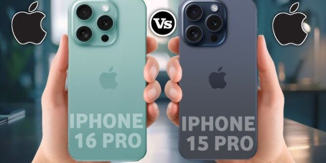من iPhoneIslam.com، مقارنة جنبًا إلى جنب بين آي-فون 16 برو باللون الأخضر وآي-فون 15 برو باللون الأسود، حيث يتم حمل كل منهما باليد، مع شعار Apple وحرف "Vs" بينهما.