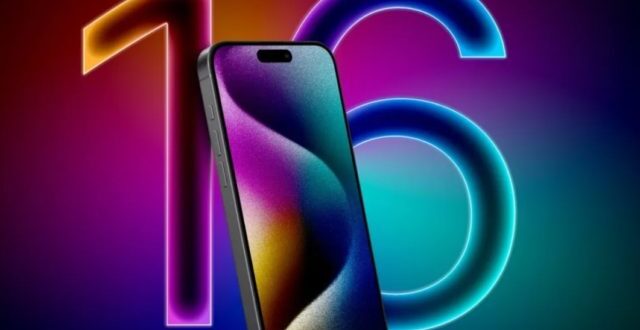 من iPhoneIslam.com، يتم عرض هاتف آي-فون 16 حديث بشاشة ملونة أمام خلفية متدرجة الألوان نابضة بالحياة تتميز بالرقم الكبير "16" بأضواء النيون.