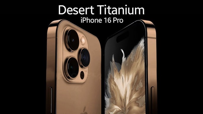 من iPhoneIslam.com، منظر عن قرب لهاتف Desert Titanium آي فون 16 برو، يعرض نظام الكاميرا والشاشة الأمامية مع نص أعلاه يذكر اسم الموديل ورمزه من سابقه، آي فون 15 برو.