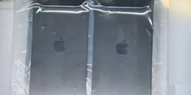 من iPhoneIslam.com، هاتفان أسودان يحملان شعار شركة آبل، يتم تغليفهما في غلاف بلاستيكي شفاف، ووضعهما جنبًا إلى جنب، مما قد يشير إلى تفصيل صورة لهاتف آي فون 17 القادم.