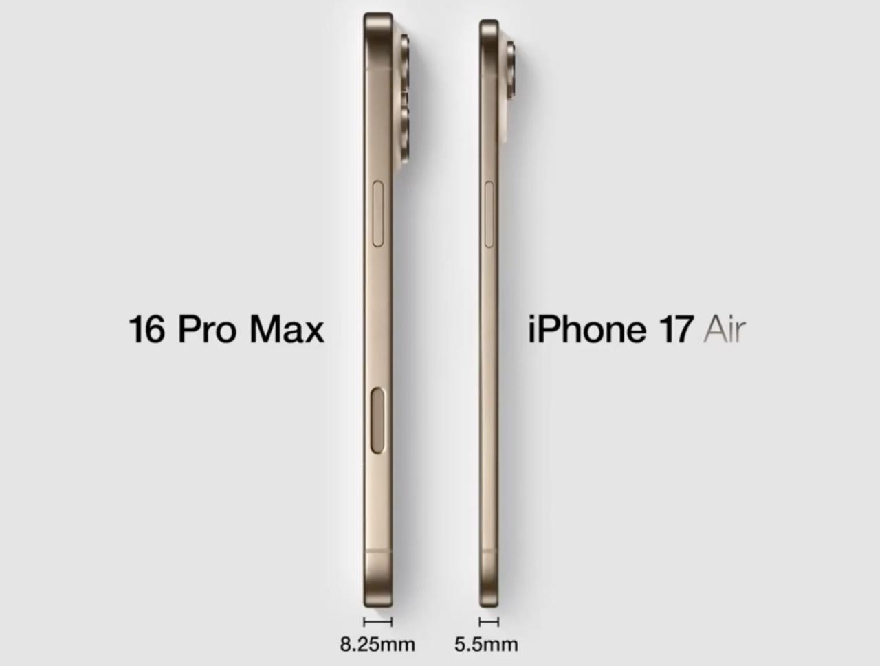 من iPhoneIslam.com، تُبرز المقارنة الجانبية بين iPhone 16 Pro Max وiPhone 17 Air اختلافات السُمك، حيث يبلغ سمك الأول 8.25 ملم والثاني 5.5 ملم. ويتميز كلا الطرازين بلمسة نهائية ذهبية أنيقة لإضفاء لمسة فاخرة.