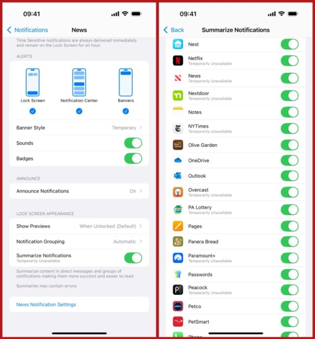 من iPhoneIslam.com، لقطة شاشة لإعدادات إشعارات iPhone في أحدث تحديث لنظام التشغيل iOS 18.3. يعرض اليسار خيارات عامة مثل شاشة القفل واللافتات. يعرض اليمين إشعارات التطبيقات، بما في ذلك Netflix وNYTimes، مع مفاتيح تبديل لكل ميزة.