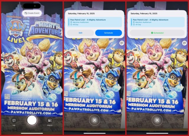 من iPhoneIslam.com، يعرض ملصق "Paw Patrol Live! A Mighty Adventure" في Mershon Auditorium، في الفترة من 15 إلى 16 فبراير 2025، ثلاث شاشات تطبيق تتراكب على الملصق الذي يضم تحديثات وتحسينات جدولة الأحداث مع نظام التشغيل iOS 18.3.