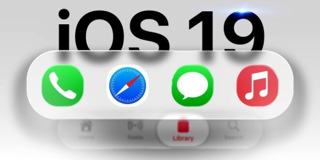 من iPhoneIslam.com، يبرز شعار iOS 19 بشكل بارز فوق قاعدة أنيقة تعرض أيقونات للهاتف والمتصفح والرسائل وتطبيقات الموسيقى على خلفية ضبابية جميلة، مما يشير إلى تصميم جديد يعد بميزات مثيرة.