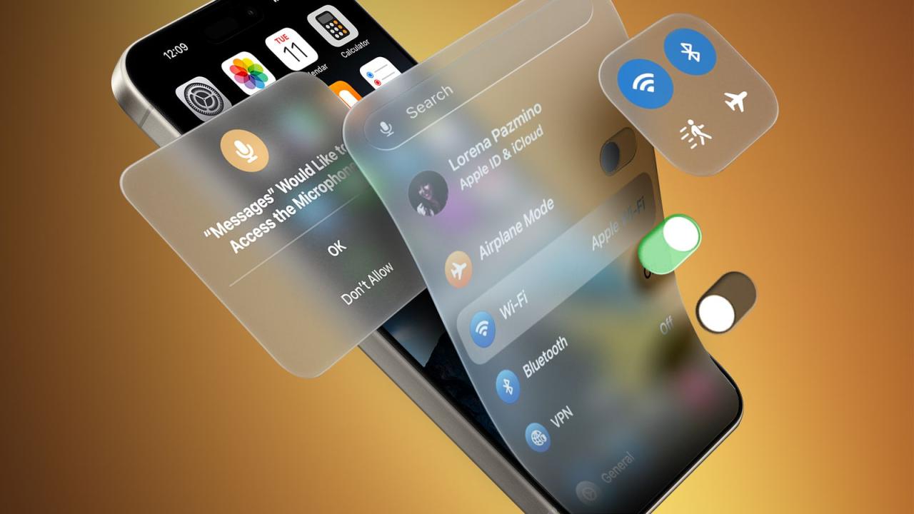 من iPhoneIslam.com، يعرض iPhone الذي يحتوي على عناصر واجهة مستخدم عائمة مطالبة بالوصول إلى الميكروفون، وتبديل مركز التحكم، والإشعارات على خلفية متدرجة، وشرحاً مميزات iOS 19 الجديدة.