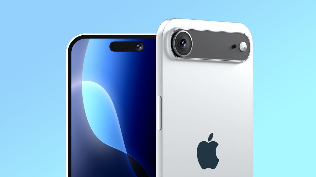 من iPhoneIslam.com، ويظهر في الصورة هاتف ذكي يشبه آيفون 17، بشاشة أمامية ووحدة كاميرا خلفية تحتوي على عدسة كبيرة وفلاش، على خلفية زرقاء متدرجة.