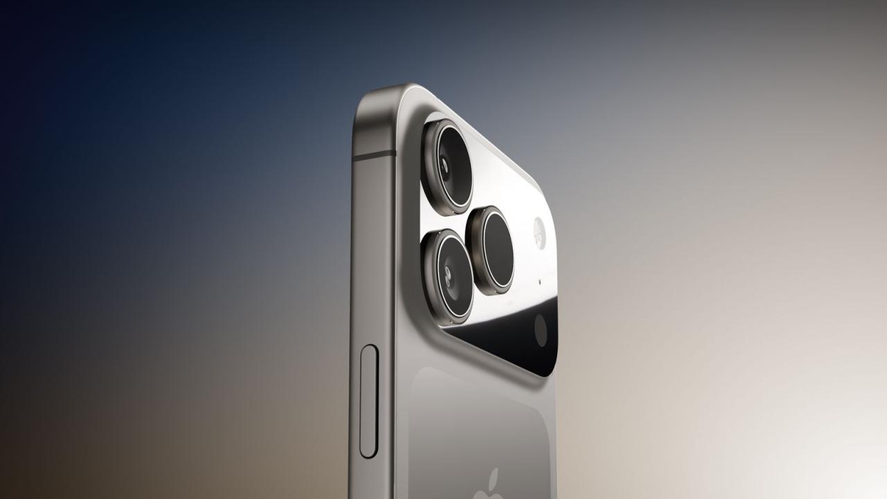 من iPhoneIslam.com، لقطة مقربة للجزء الخلفي من هاتف آي فون 17 برو مع ثلاث كاميرات خلفية، بما في ذلك عدسة تيليفوتو بدقة 48 ميجابكسل، وإطار معدني أنيق، معروض على خلفية متدرجة.