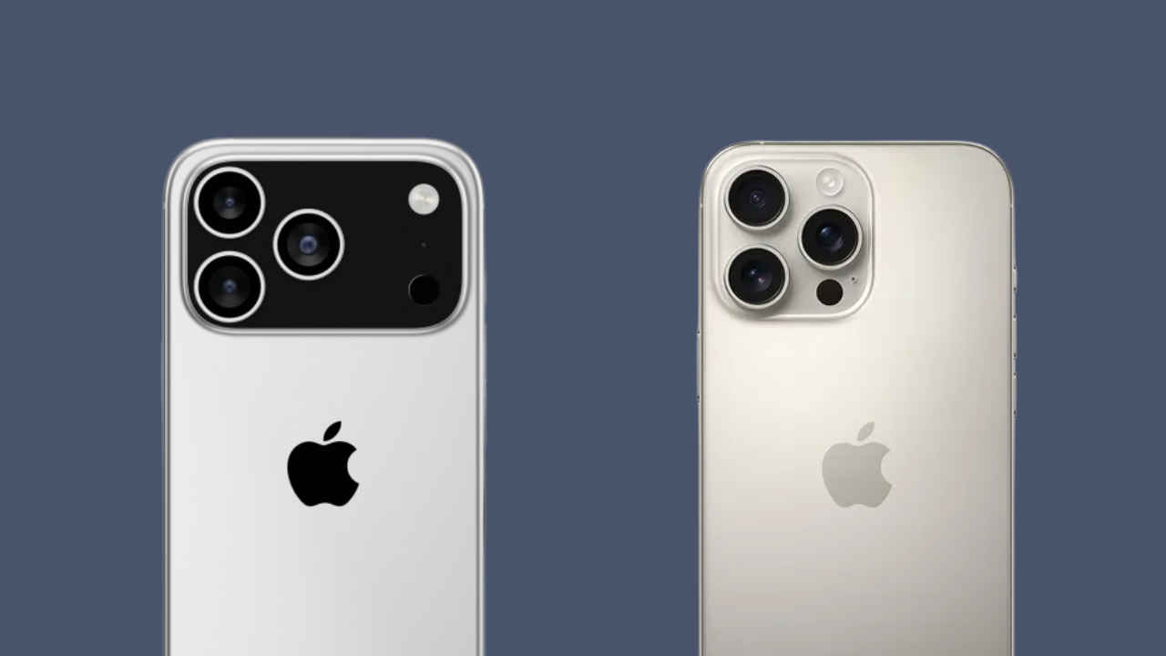 من iPhoneIslam.com، يظهر جهازي iPhone من الخلف، مع تسليط الضوء على الكاميرات الخاصة بهما؛ يتميز اليسار بوحدة مستطيلة، بينما يعرض اليمين جهاز آي فون 17 برو بترتيب عدساته المثلثية المميزة و48 ميجابكسل تيليفيوتو المتقدمة.
