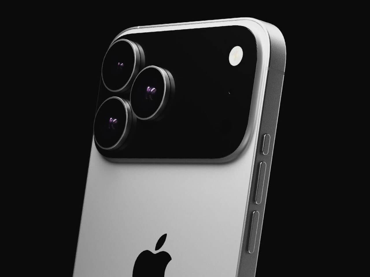من iPhoneIslam.com، لقطة مقربة للجزء الخلفي من هاتف آي فون 17 برو باللون الفضي، تظهر ثلاث عدسات كاميرا - بما في ذلك عدسة تليفوتو بدقة 48 كاميرا - بالإضافة إلى فلاش وأزرار جانبية على خلفية سوداء.