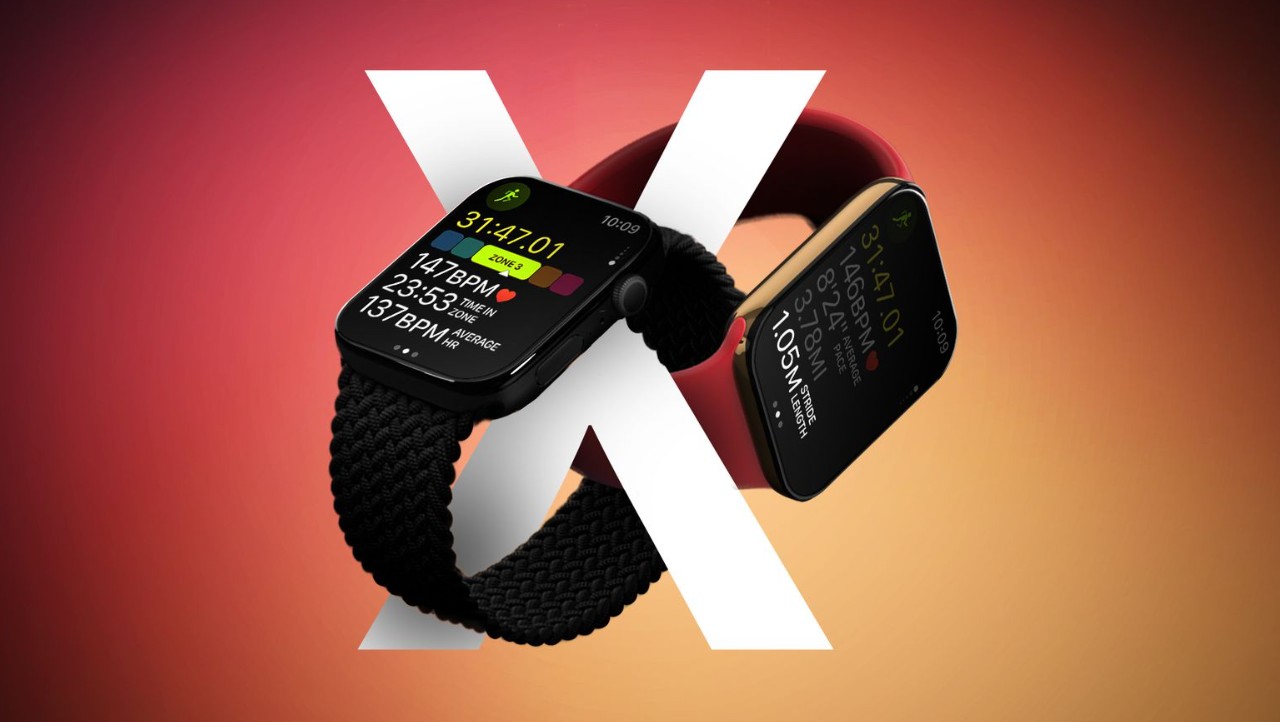 من iPhoneIslam.com، يتم عرض ساعتين ذكيتين، بما في ذلك ساعة Apple Watch Series 11 ذات الأحزمة النابضة بالحياة والشاشات الملونة، أمام حرف "X" أبيض كبير على خلفية متدرجة اللون برتقالية حمراء.