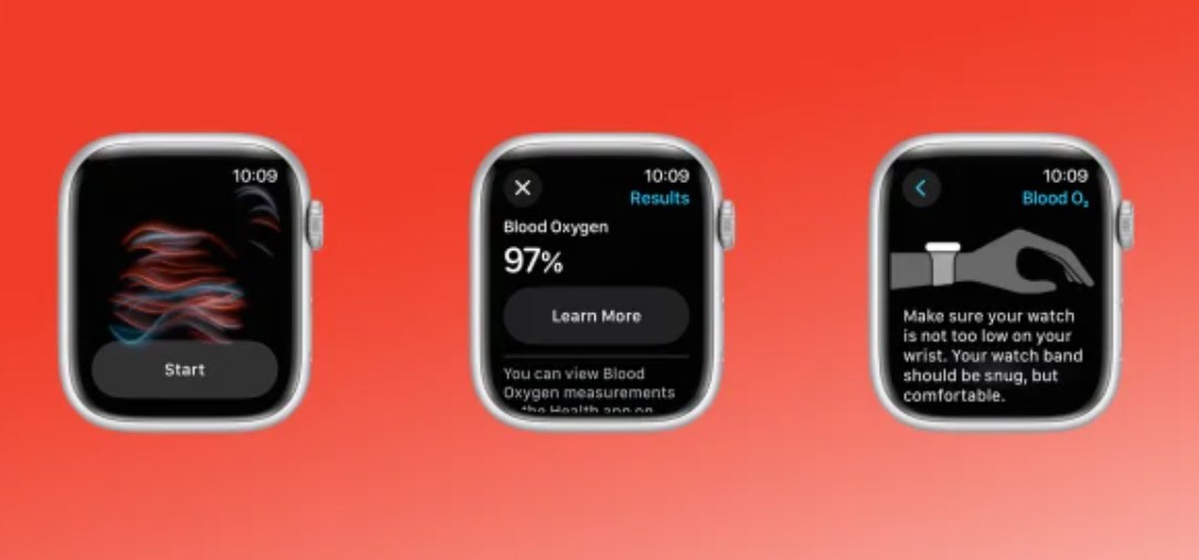من iPhoneIslam.com، تعرض ثلاث شاشات في Apple Watch Series 11 تطبيق الأكسجين في الدم: رسم دوّار مع "ابدأ"، وقراءة الأكسجين في الدم بنسبة 97%، وتعليمات وضع المعصم.