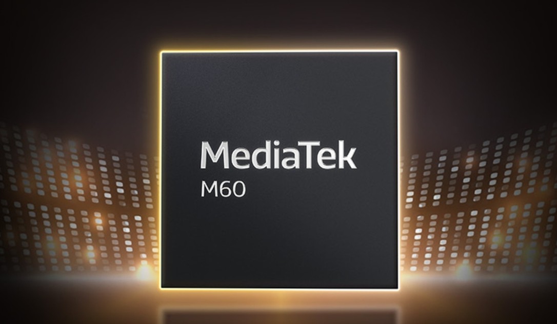 من iPhoneIslam.com، يتم عرض شريحة MediaTek M60 في المنتصف، متوهجة عند الحافة، مع خلفية من النقاط المضيئة - مما يعكس التصميم الحديث الذي ظهر في Apple Watch Series 11.