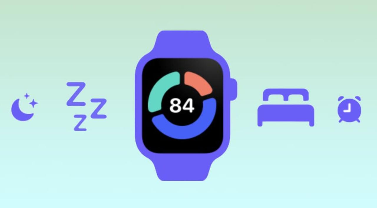 من iPhoneIslam.com، رسم توضيحي لساعة Apple Watch Series 11 التي تعرض الرقم 84 مع أيقونات القمر وحرف "Z" والسرير والمنبه، والتي تمثل تتبع النوم المتقدم ومراقبة جودة النوم.