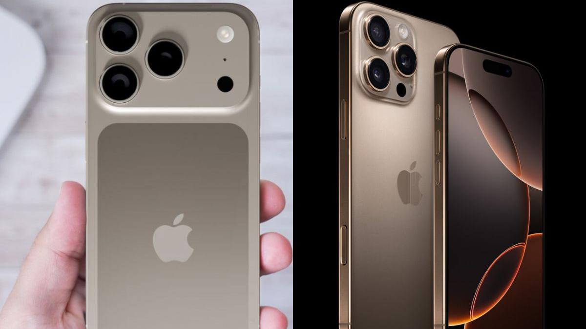 من موقع فون إسلام: مقارنة بين هاتفي آي برو 16 برو و آي برو 17 برو: أحدهما في يد شخص يظهر الجزء الخلفي، والآخر يظهر الجزء الأمامي والخلفي تحت إضاءة الاستوديو. كلاهما يعرضان كاميرات خلفية ثلاثية لإبراز الترقية.