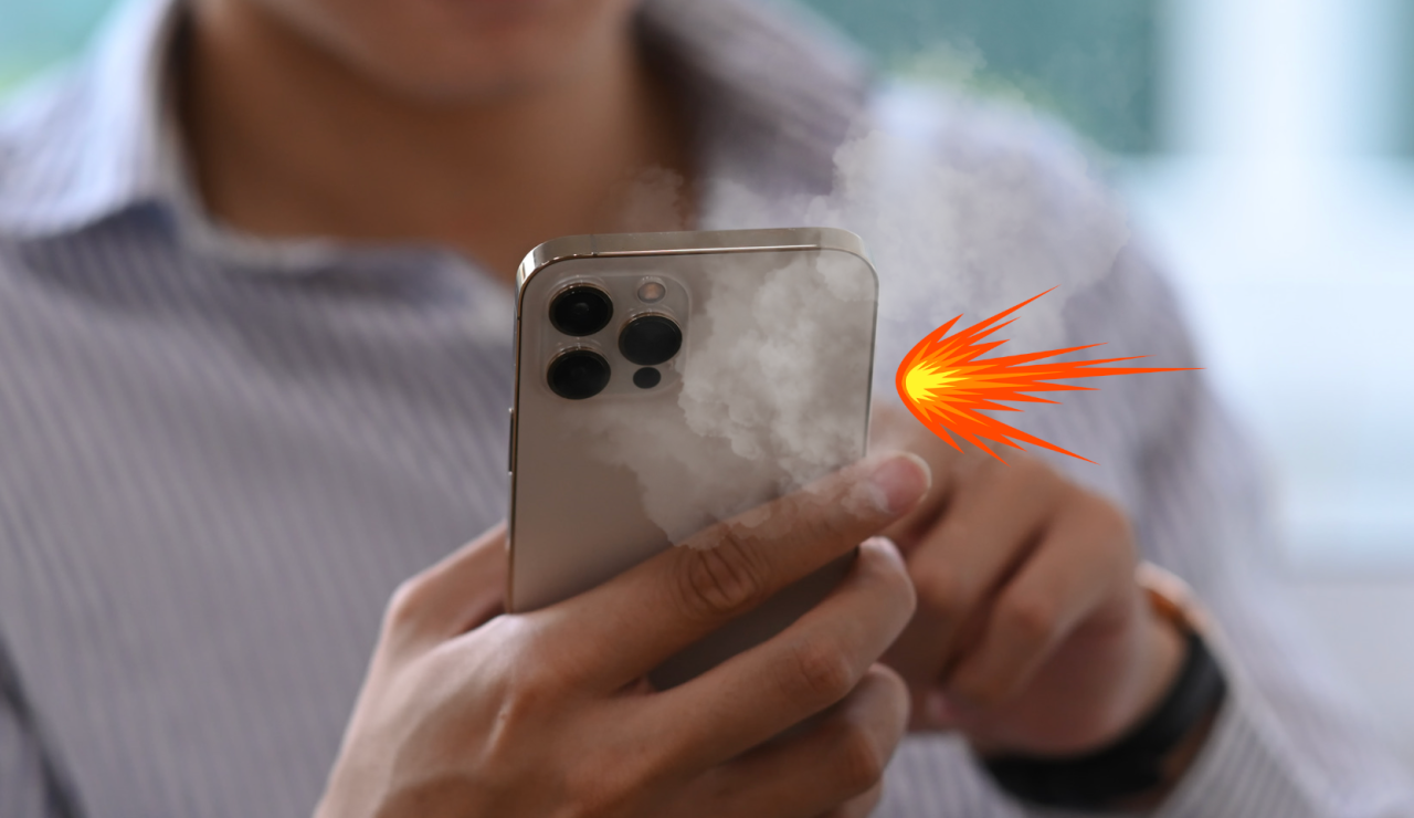 من موقع فون إسلام: يحمل الشخص هاتفًا ذكيًا مدخنًا ينبعث منه دفقة من الضوء، مما يشير إلى ارتفاع درجة الحرارة أو عطل خطير - مما يثير المخاوف عند مقارنة برو 17 برو بـ 16 برو.
