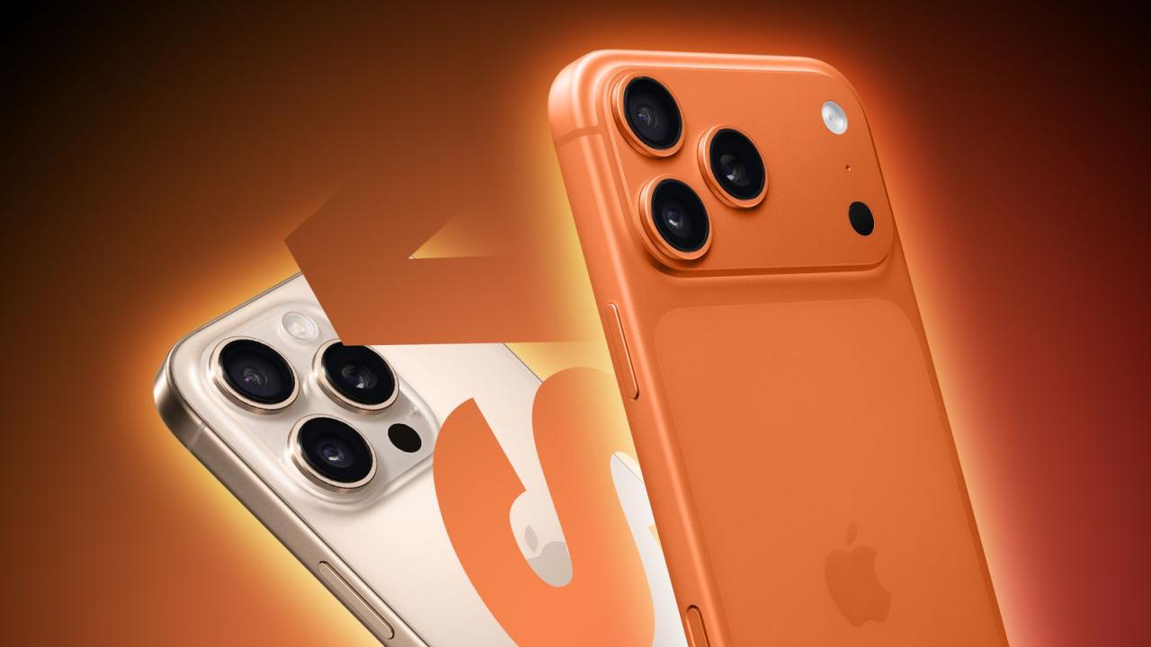 من موقع فون إسلام: يظهر جهازا آيفون، أحدهما ذهبي والآخر برتقالي، مع وجود الهاتف البرتقالي في المقدمة, مع إبراز إعدادات الكاميرا الثلاثية على خلفية متدرجة برتقالية اللون، في مقارنة بين آي-فون 16 برو و آي-فون 17 برو.