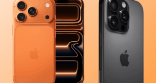 من موقع فون إسلام: جهازان من Apple iPhone معروضان: هاتف آي فون إير برتقالي اللون مع منظر أمامي وخلفي، ونموذج أسود يعرض تصميم الكاميرا الخلفية على خلفية متدرجة.