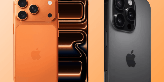 من موقع فون إسلام: جهازان من Apple iPhone معروضان: هاتف آي فون إير برتقالي اللون مع منظر أمامي وخلفي، ونموذج أسود يعرض تصميم الكاميرا الخلفية على خلفية متدرجة.