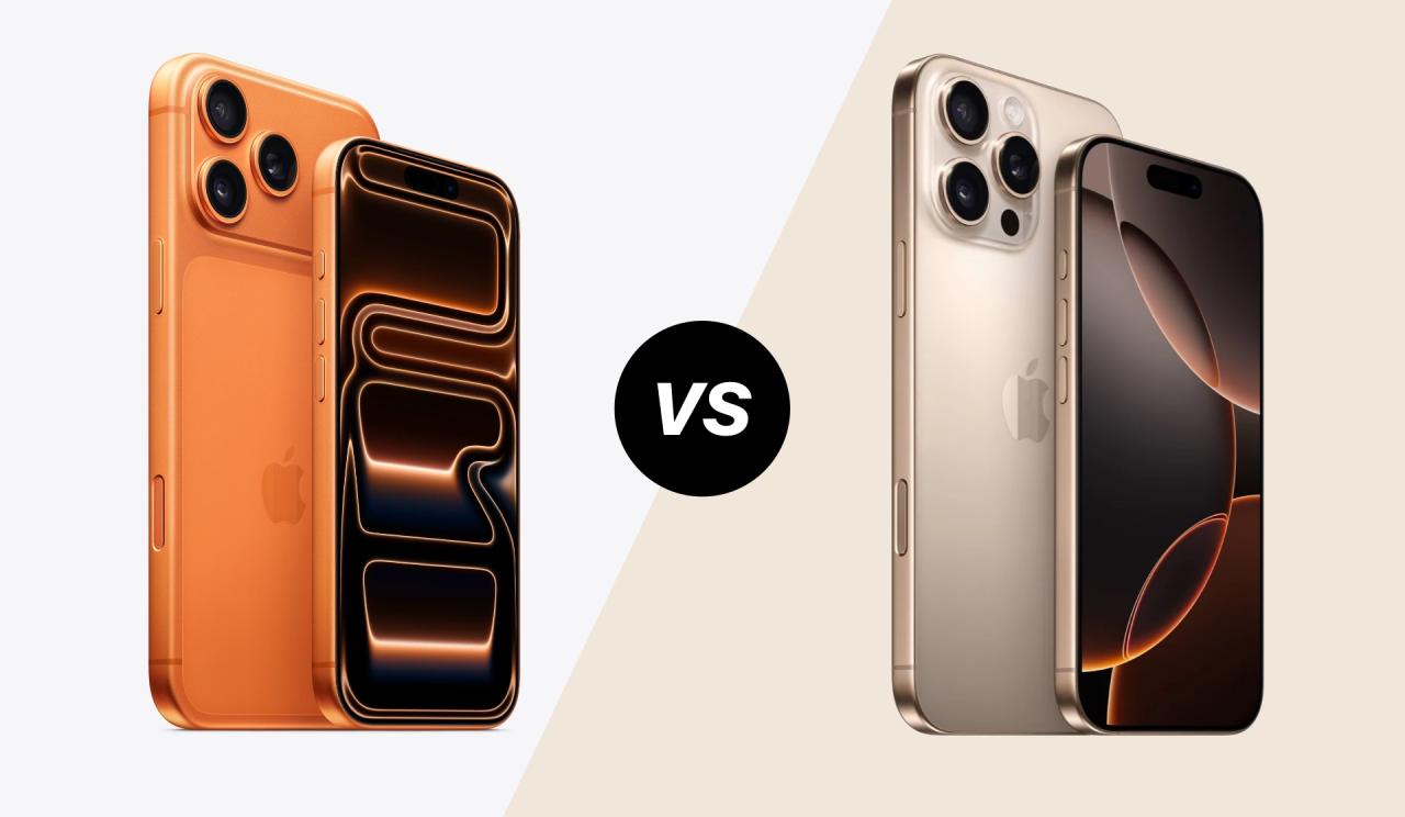 من موقع فون إسلام: يتم عرض عرضين عرضين ذكيين جنبًا إلى جنب إلى جنب، أحدهما برتقالي والآخر فضي، مع رمز "مقابل" في المنتصف، مما يبرز مقارنة بين آي-فون 16 برو و آي-فون 17 برو.