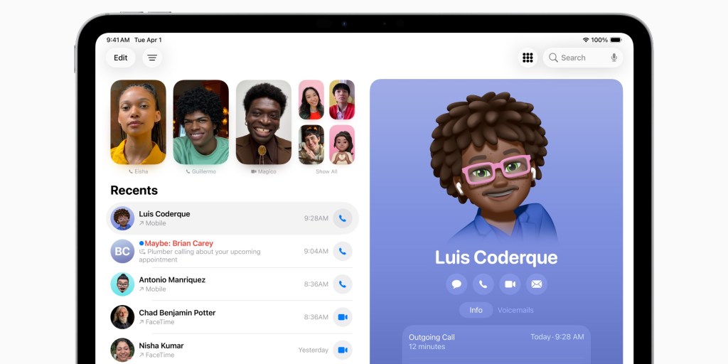 من موقع فون إسلام: تعرض شاشة الجهاز اللوحي واجهة تطبيق تطبيق "فيس تايم" مع مكالمات حديثة على اليسار وملف شخصي لجهة الاتصال يضم ميموجي على اليمين، مع إبراز الميزات الجديدة من تحديث iOS 26. تظهر نوافذ مكالمات فيديو صغيرة متعددة في الأعلى.