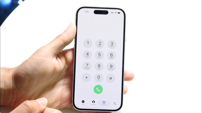 من موقع فون إسلام: يد تحمل هاتفًا ذكيًا يعرض لوحة الاتصال الهاتفي التي تحتوي على لوحة الاتصال الهاتفي مع الأرقام 0-9 والنجمة ومفاتيح الجنيه وزر الاتصال الأخضر - تظهر الميزات الجديدة بعد تحديث iOS 26.
