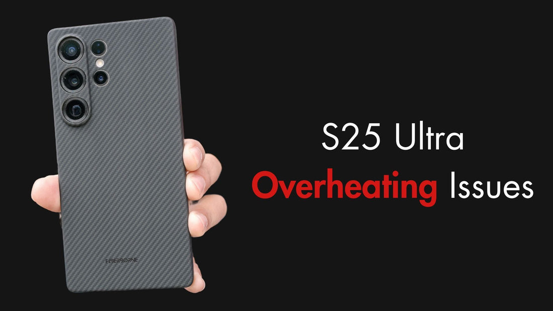 من موقع فون إسلام: شخص يحمل هاتفًا ذكيًا أسود S25 Ultra بجانب نص مكتوب عليه "مشكلات ارتفاع درجة حرارة S25 Ultra" على خلفية سوداء، مع تسليط الضوء على مقارنة مخاوف ارتفاع درجة الحرارة مع آي-فون 17 برو و آي-فون 16 برو.