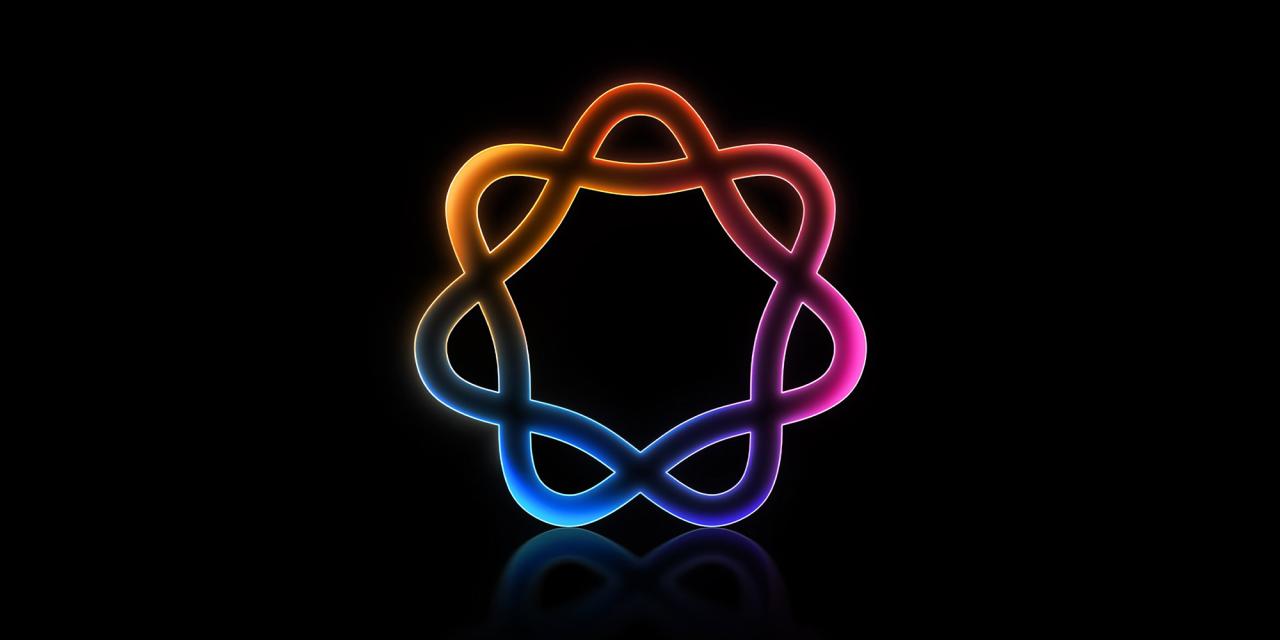 من iPhoneIslam.com، شكل تجريدي متوهج مع حلقات متداخلة بألوان متدرجة من البرتقالي والوردي والأزرق على خلفية سوداء، تشبه الذرة المنمقة أو رمز اللانهاية - مثالي لإبراز ميزات آي أوف 17 برو.