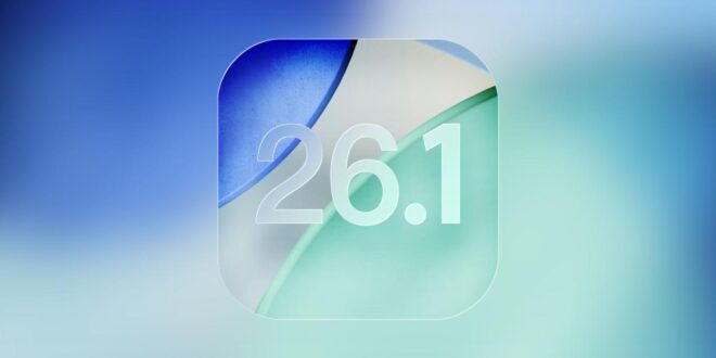 من موقع فون إسلام: تُظهر الصورة الرقم 26.1 بنص أبيض على خلفية مجردة بأشكال زرقاء وخضراء تمثل ميزات تحديث iOS 26.1 للآيكون-فون بأسلوب عصري وديناميكي.